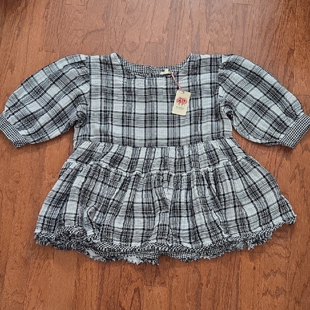 Entro Black and White Plaid Baby Doll Top